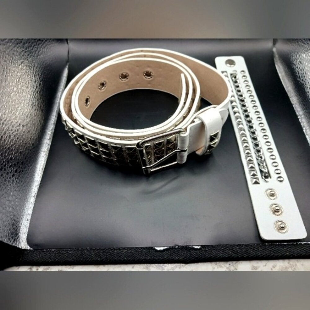 Studded White Belt  Vegan  Leather + Goth  White Stud and Chain Leather Bracelet